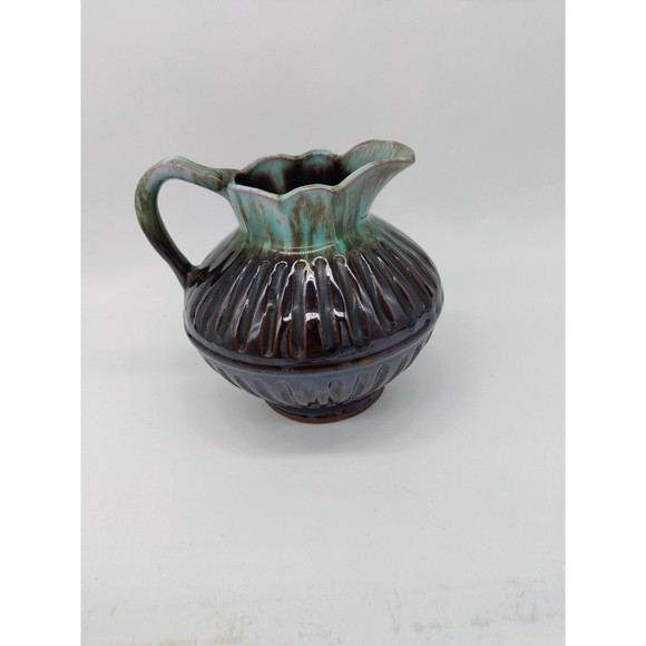 Vintage Pitcher Pottery Small Ribbed Scalloped Dainty Two Tone Teal Brown Handle - Picture 3 of 10